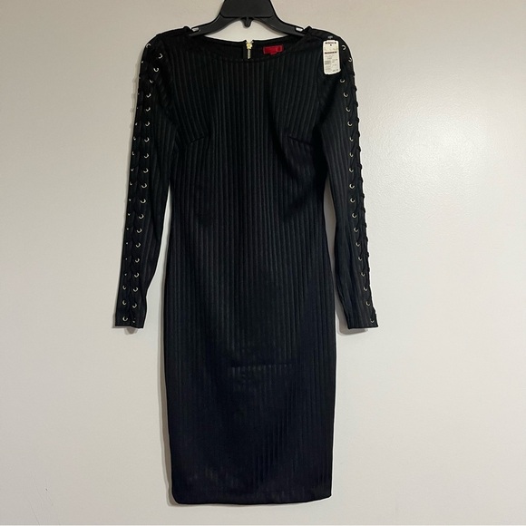 NWT Jennifer Lopez Black Lace-up Long Sleeve Ribbed Bodycon Dress Size 4 - Picture 2 of 11